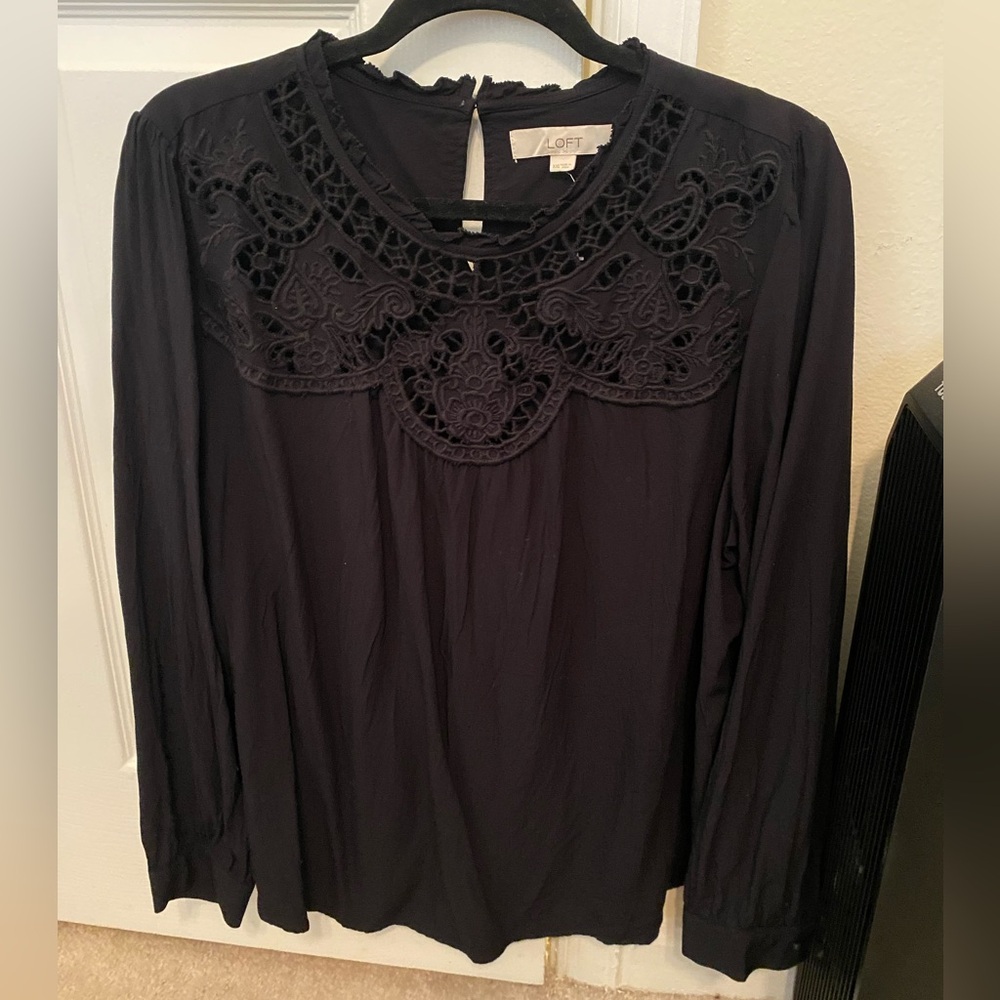 LOFT Black Long Sleeve Eyelet Blouse